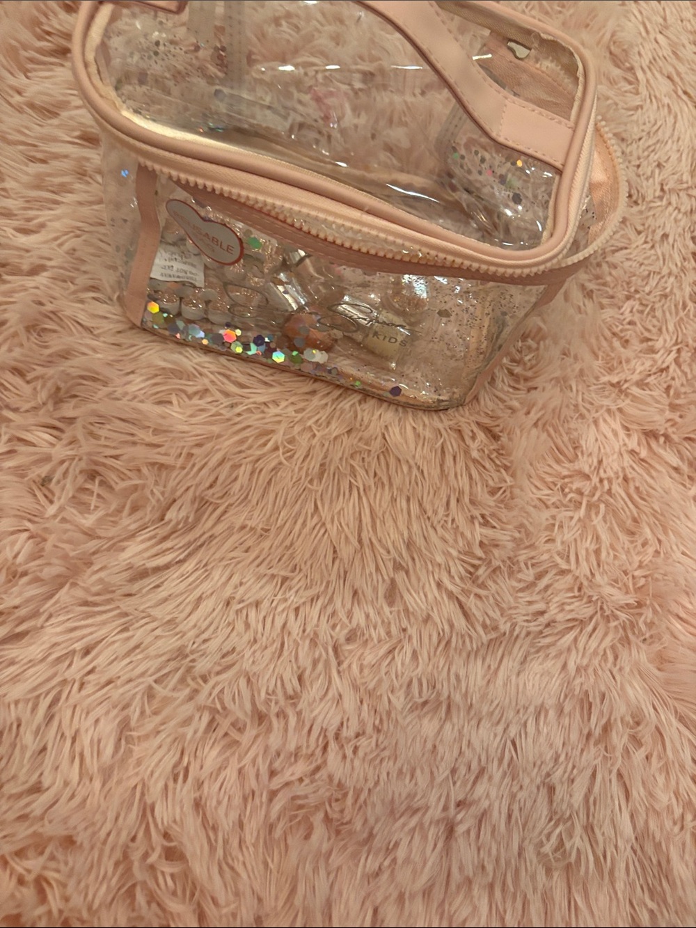 Clear Glitter Cosmetic Bag with Pale Pink Trim and contents !
8 x 5 x 5